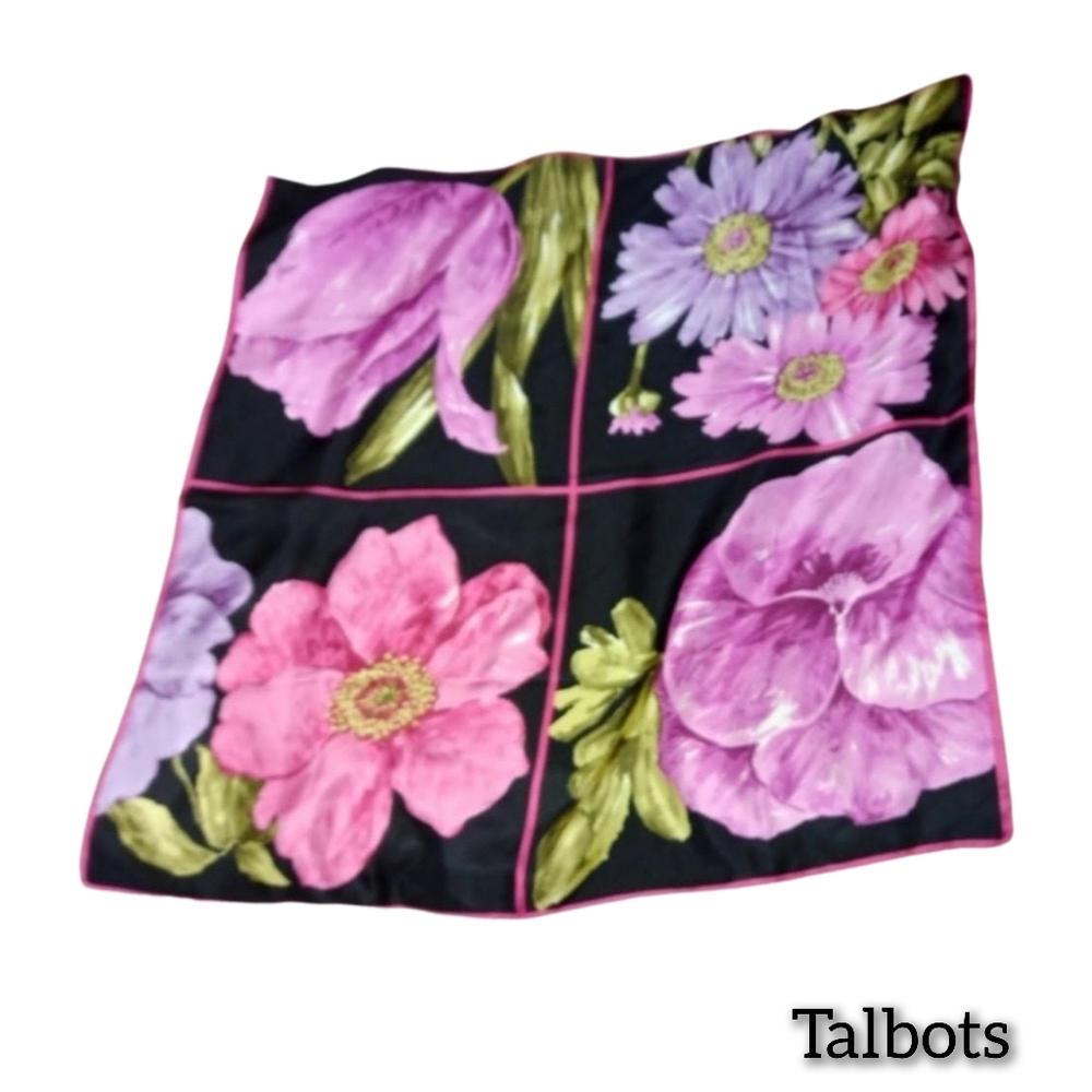 TALBOTS Designer Large Floral Silk Scarf with Pink, Purple, and Green.